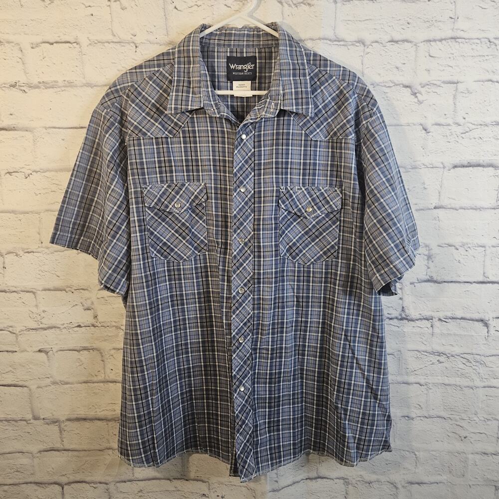 Wrangler Western Shirt Mens XXL Blue Plaid Pearl Snap Short Sleeve 76204PP